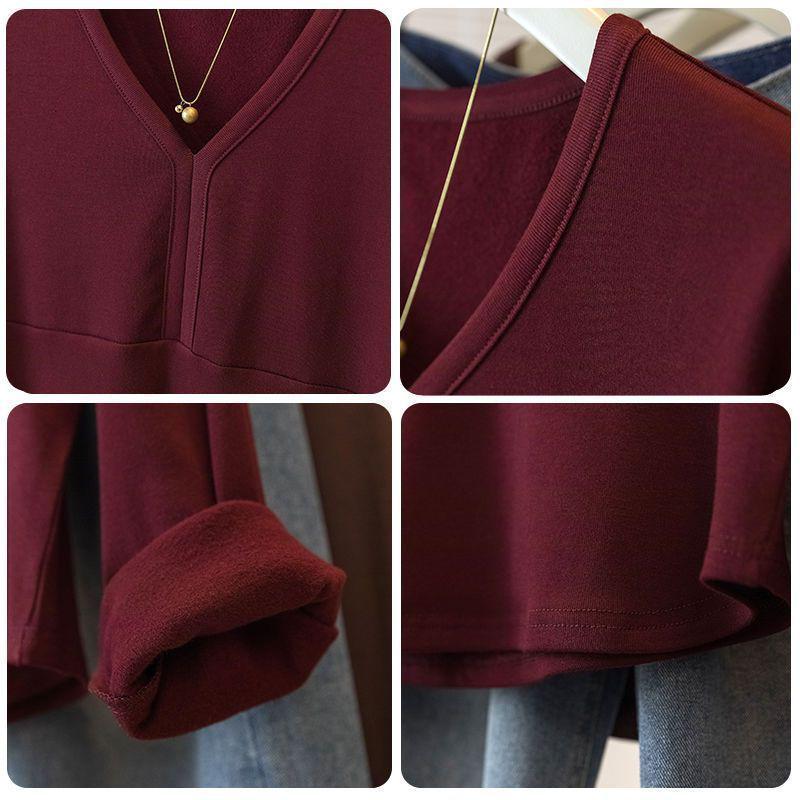 Plus Size Women's Double-Sided Velvet V-Neck Top: Autumn/Winter, Long Sleeve, Loose & Slimming Design, Hides Flaws