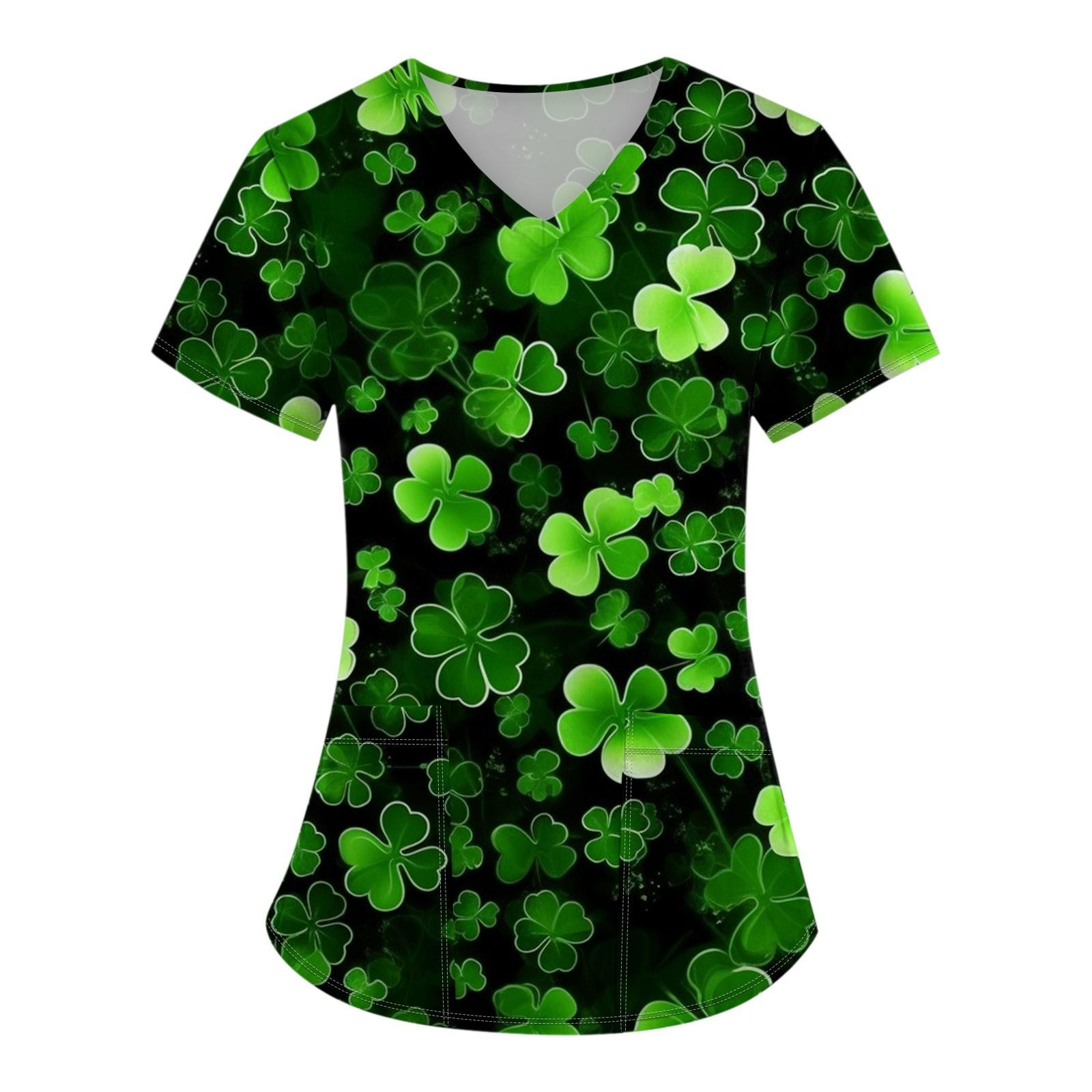 Women s Short Sleeve St. Patrick s Day Printed V-Neck Pocket Workwear Top S