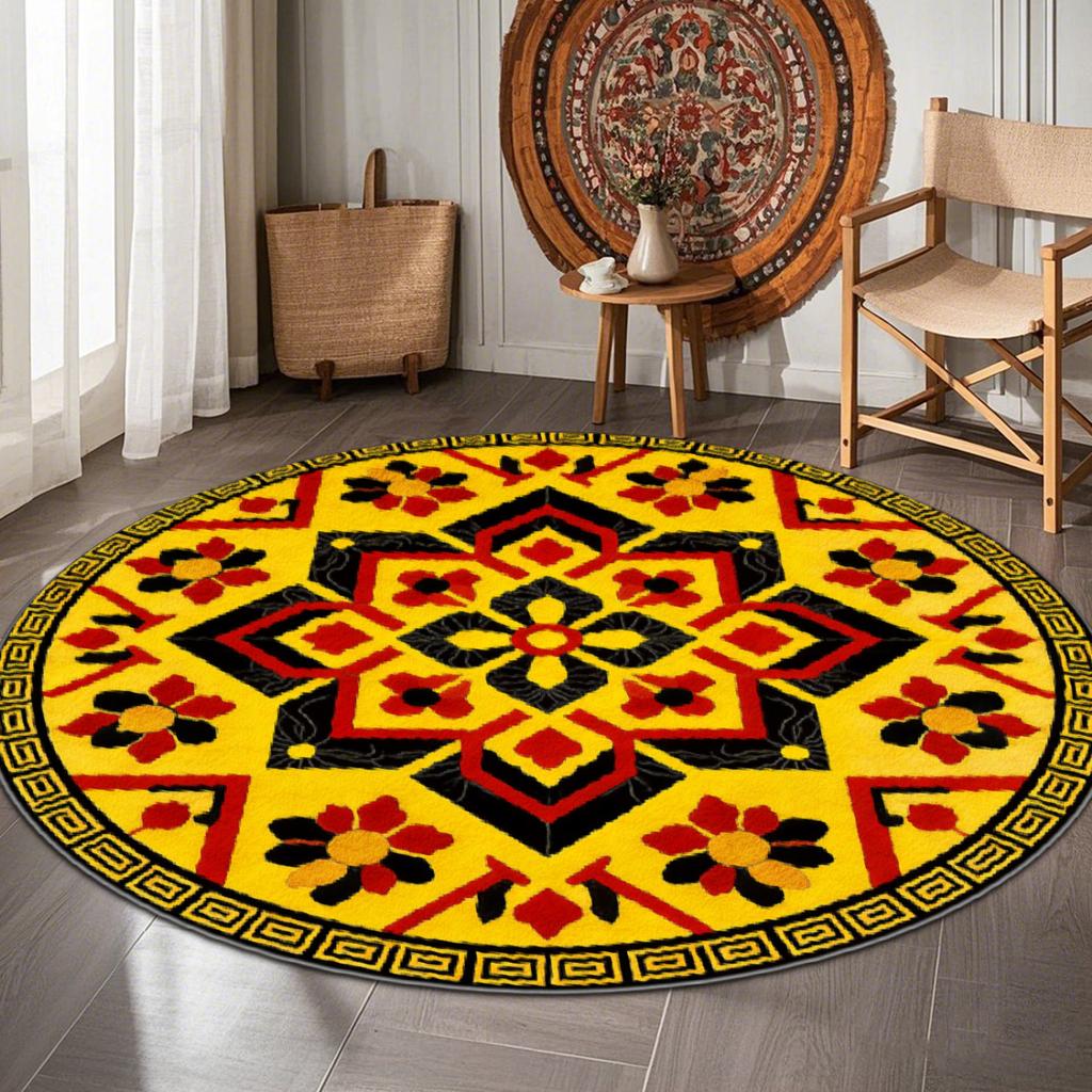 Vintage Tribal Floral Circular Mat Bold Yellow Red Geometric Ethnic Pattern Printed Round Rug for Living Room Home Decor
