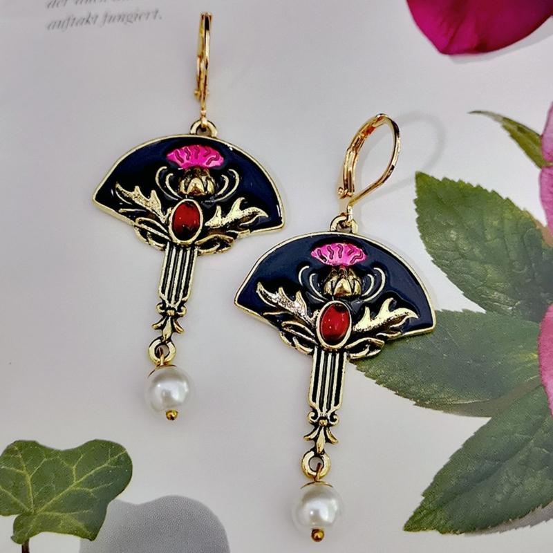 Kolczyki w kształcie wachlarza Granat Kwiaty Wzór Dangle Drop Kolczyk Stylowy Elegancki Perła Wisiorek Kolczyk Biżuteria Prezent