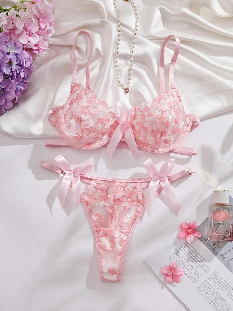European & American Floral Embroidery Lingerie Set: Mesh Push-Up Bra & See-Through Panties