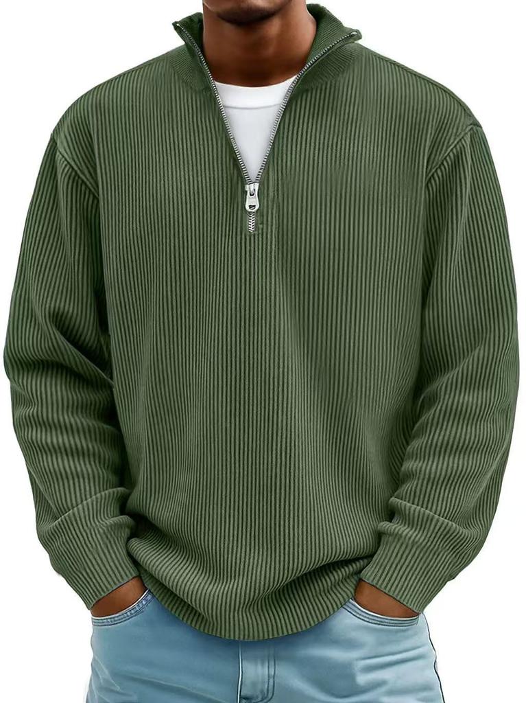 Men's Corduroy Long Sleeve Polo Sweatshirt Stand Collar Zip Neck Vintage Casual Top