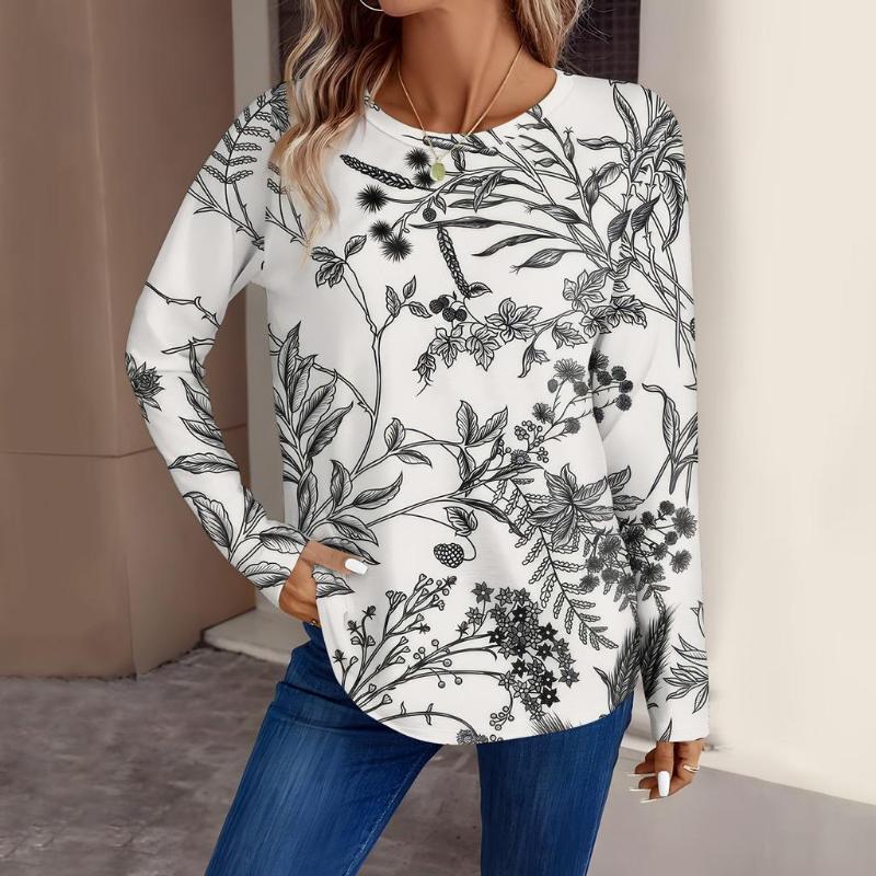 T-shirt À Manches Longues Et Col Rond Pour Femme, Imprimé Floral En 3D, À La Mode, Haut Régulier, Vacances, Week-end, Printemps Et Automne