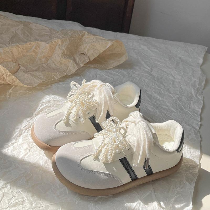 

Women s Cute Pearl Flat Shoes Designer Autumn New Lace-up Bow Casual Single Shoes Fashion Woman Charm Sneakers Zapatos De Mujer 40 бежевый