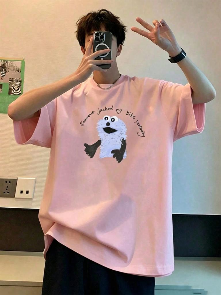 Mens Shortsleeve Tshirt With Colored Letter Character Graphic Print Fabric Crew Neck Black Cute Street Casual Style