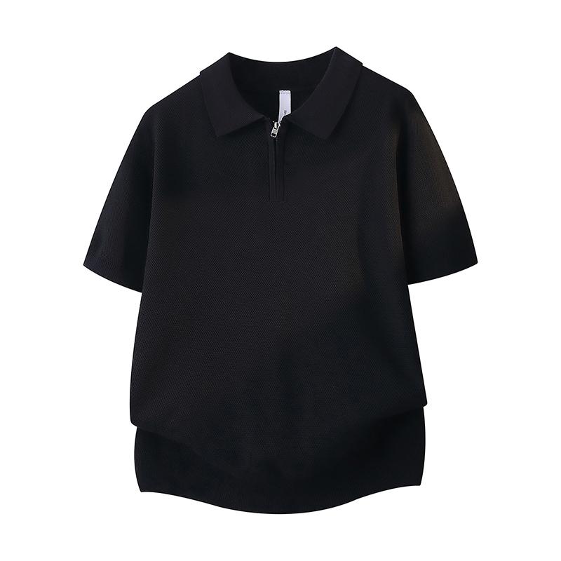 Solid Color Half Zipper Lapel Ice Silk Knitted Sweater POLO Shirt Men's Breathable Thin Short Sleeved T-shirt