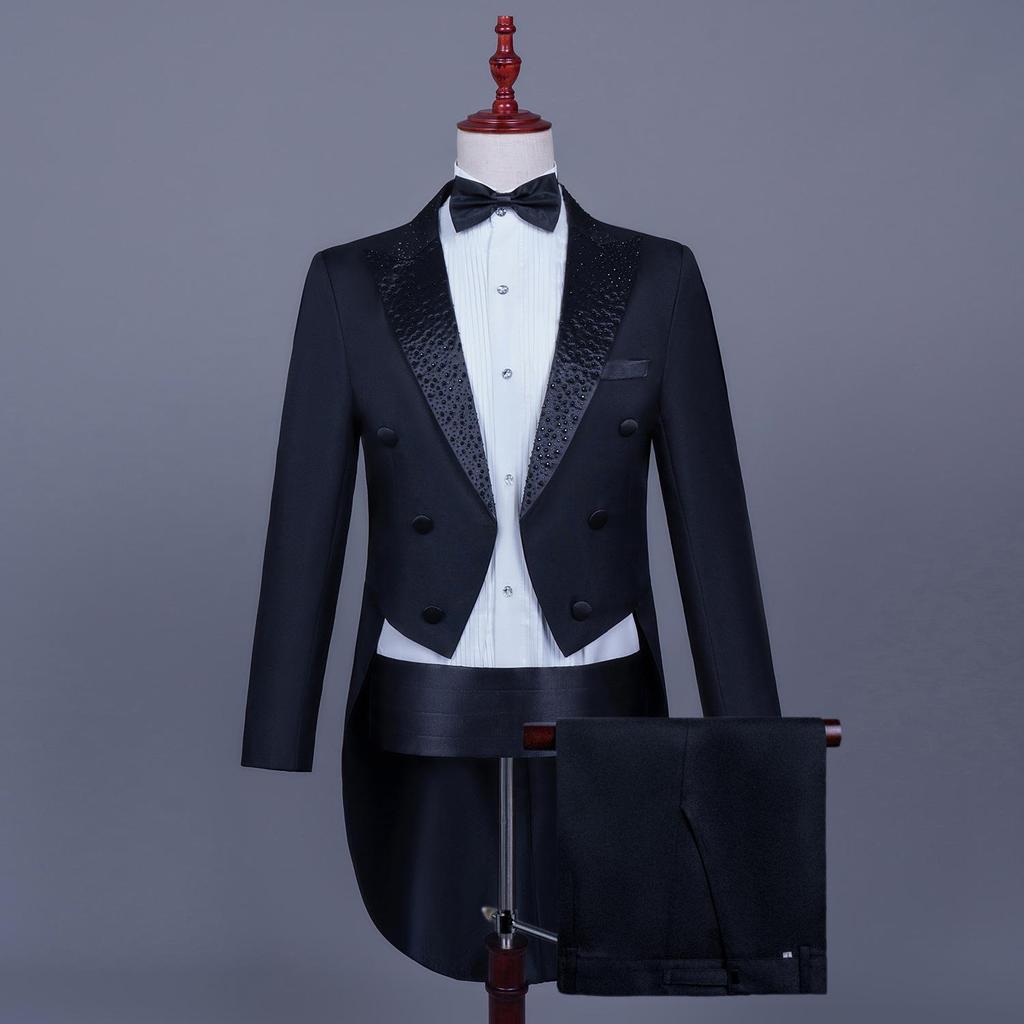 Men's Black and White Rhinestone Tailcoat for Magician, Singer, or Conductor - Formal Performance Wear