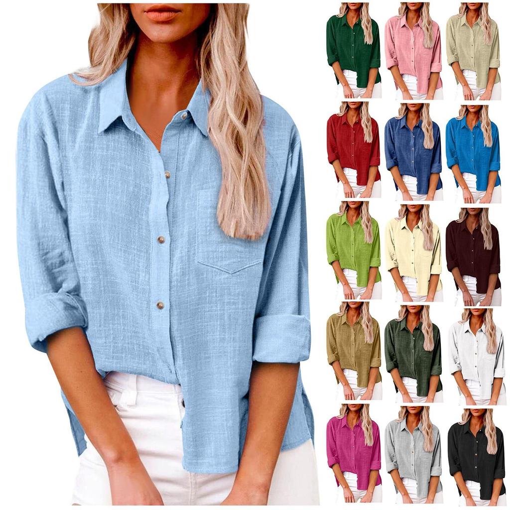 Women's Large Size Spring Autumn Long Sleeve Button Solid Color Loose Shirt Casual Shirt