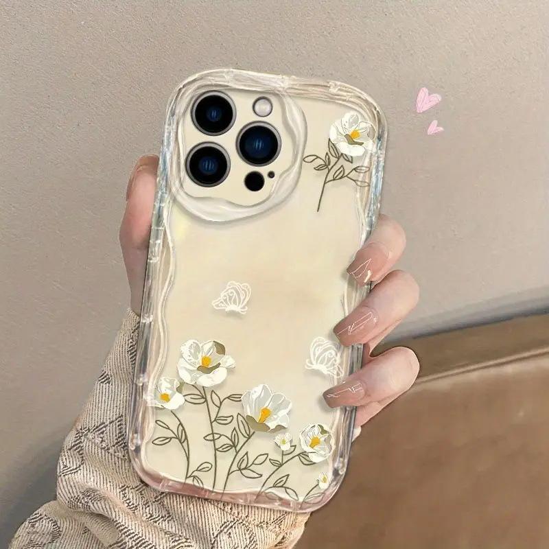 Simple flower transparent TPU soft case Apple 15 mobile phone case female iPhone17promax silicone 16 transparent case