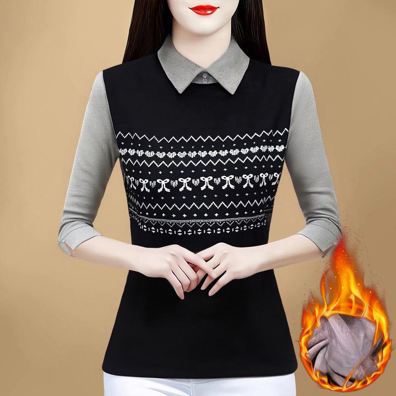 

Mom Fake, двухсекционная футболка из немецкого бархата с длинными рукавами для женщин на осень и зиму, облегающая рубашка с тонкой внутренней частью, топ для женщин среднего возраста 4XL