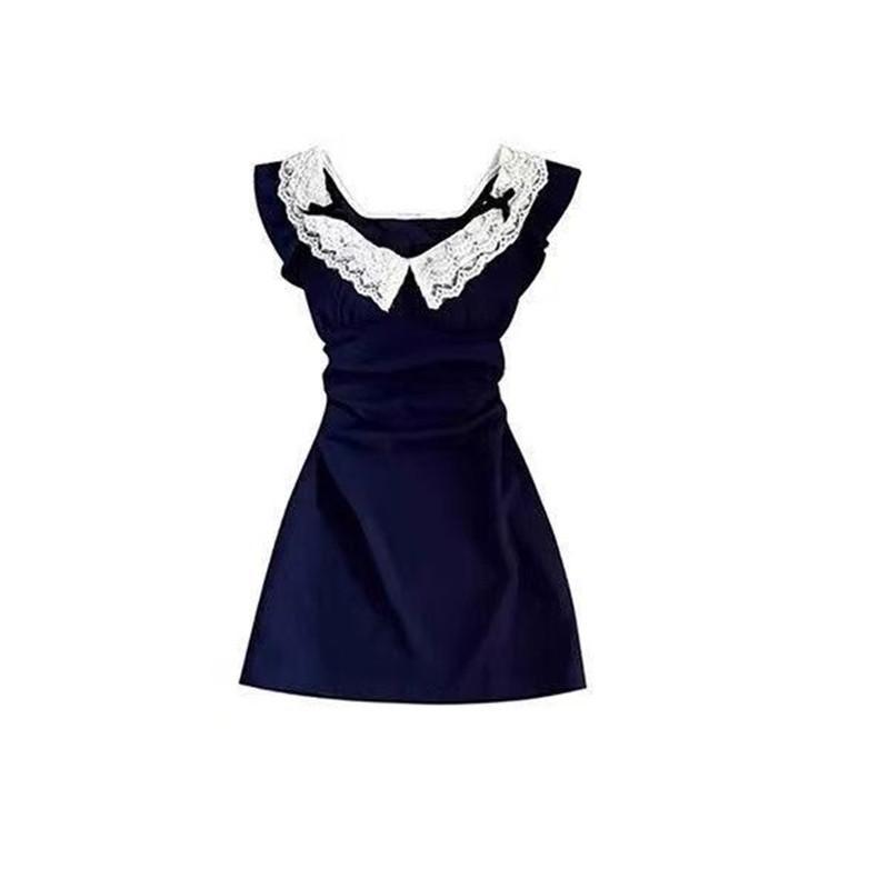 Korean Version of Pure Desire Style Loose Collar Spice Girl Short Skirt Summer New Temperament Lace Splicing Design Waist Dress