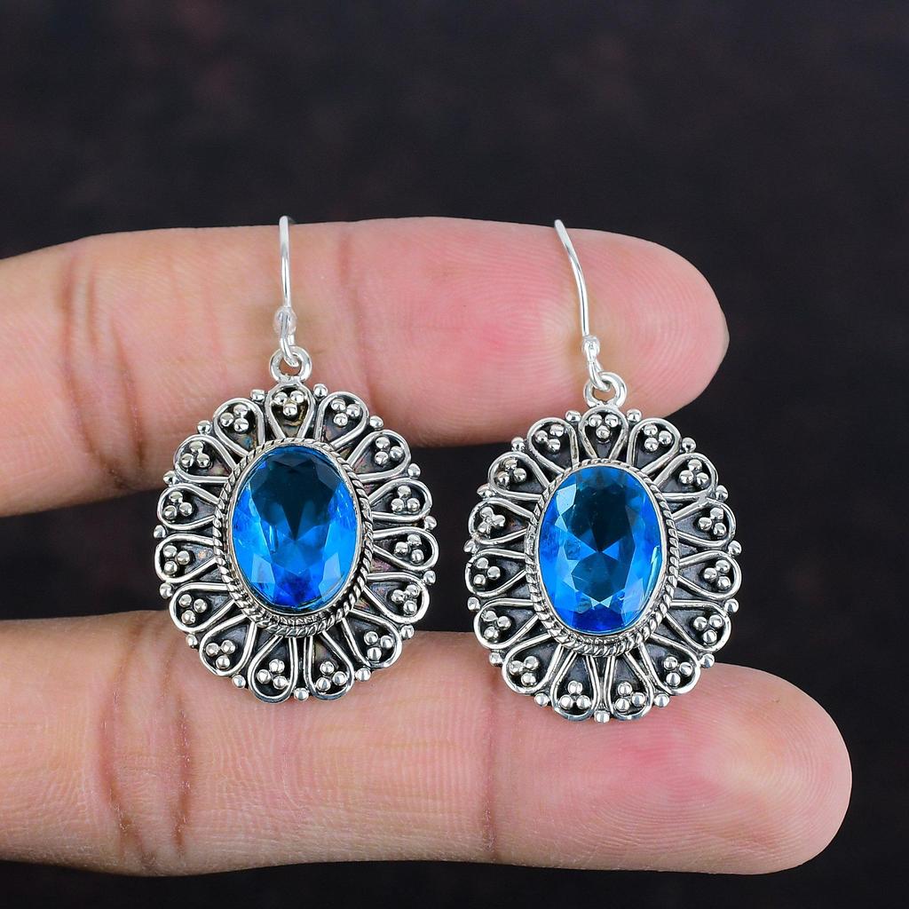 Faceted London Blue Topaz Earring Vintage Earrings Natural Gemstone Jewelry 925 Sterling Silver Earring Handmade Dangle Earring Gift For Her