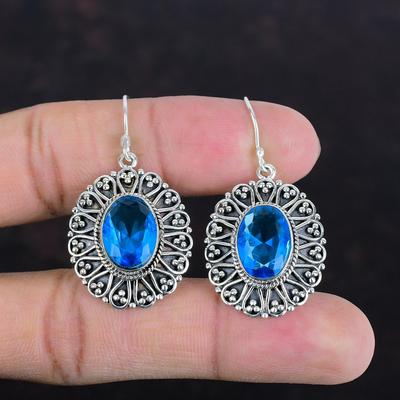 Faceted London Blue Topaz Earring Vintage Earrings Natural Gemstone Jewelry 925 Sterling Silver Earring Handmade Dangle Earring Gift For Her