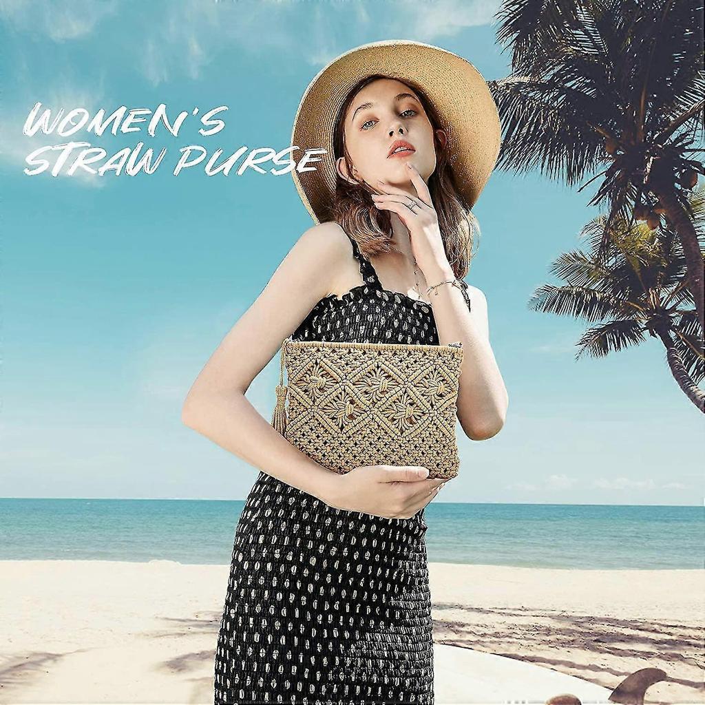 Straw Clutch Purse, Women Wristlet Clutch Handbag Envelope Bag Large Wallet Summer Beach Bag
