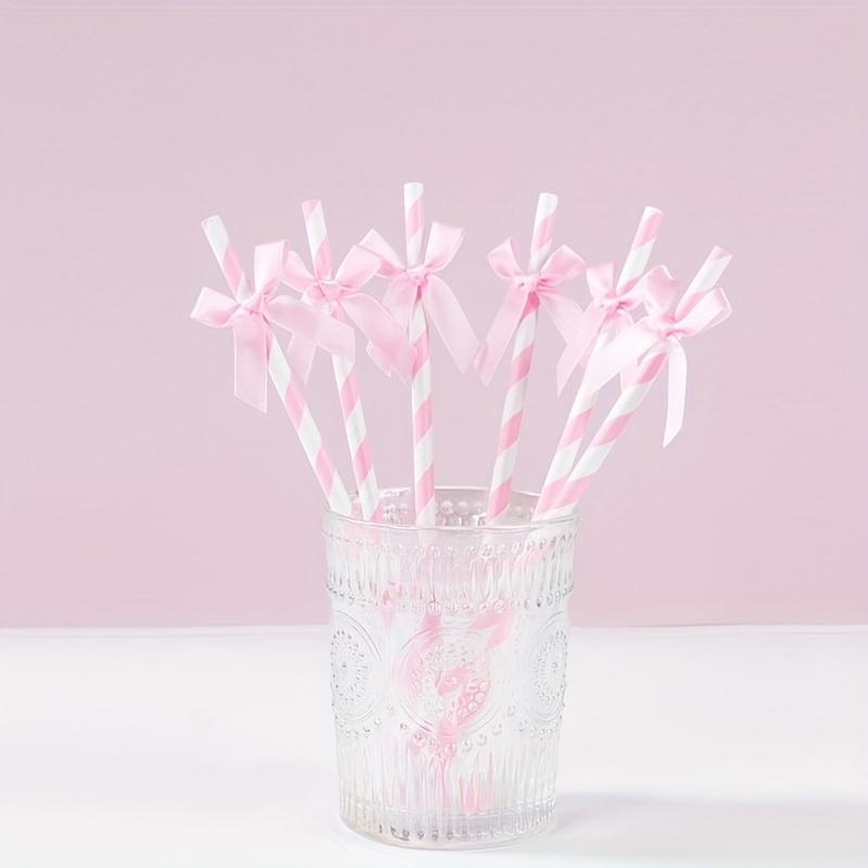 10pcs Pink Striped Bow Paper Straws, Disposable Drinking Straws for Birthday, Wedding, Baby Shower Party Decorations