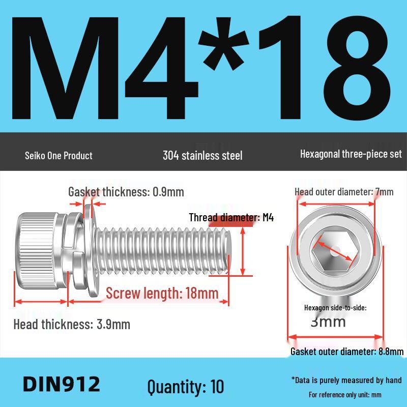 304 Stainless Steel Hex Socket Cap Screw with Washer - Sizes M3, M4, M5, M6, M8, M12