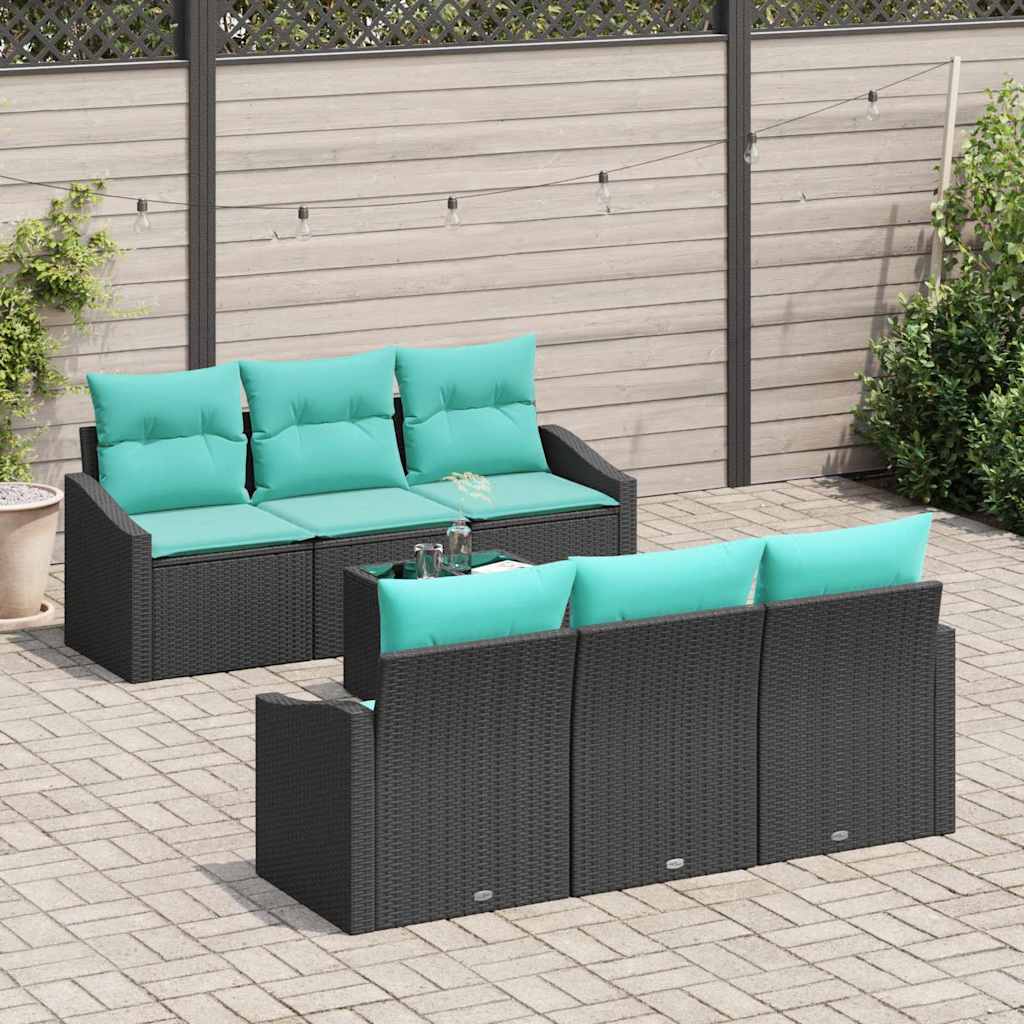 7 Piece Sofa Set with Cushions in Black and Turquoise Poly Rattan
