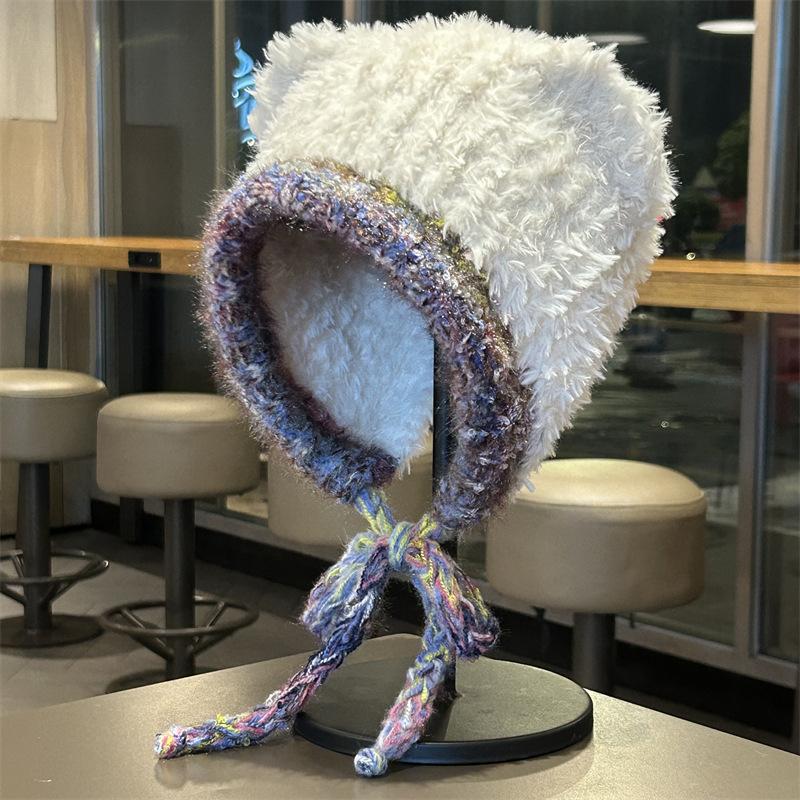 Cute Hat with Velvet and Thickening Autumn and Winter New Style with Face Cartoon Ears Cycling Hat Ear Protection Warm Hat for Women