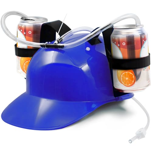 Novelty Place Guzzler Drinking Helmet - Adjustable Can Holder Cap Drinker Favor Hat - Straw for Beer and Soda - Party Fun Drinking Gadget (Blue)