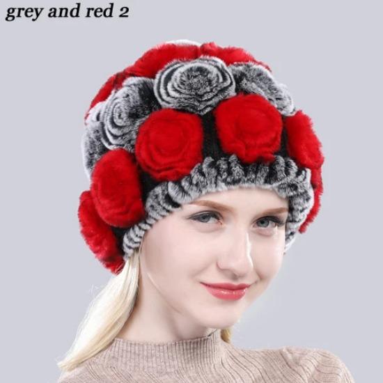 New Arrival Flowers Real Fur Hats Winter Russian Women Natural Rex Rabbit Fur Caps Lady Genuine Rex Rabbit Fur Beanies Cap