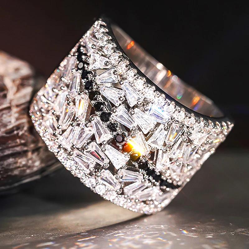 Unique Design Women Rings One Line Black CZ Full Geometric Crystal Cubic Zirconia Cocktail Rings Luxury Party Jewelry