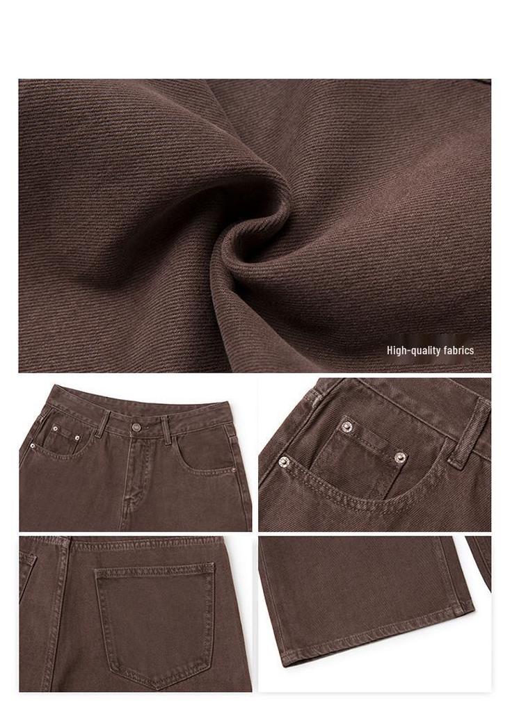 Meilade Damskie Jeansy Plus Size z Wysokim Stanem w Kolorze Brązowym z Szerokimi Nogawkami - Luźne, Proste, Długie Spodnie na Wiosnę i Jesień