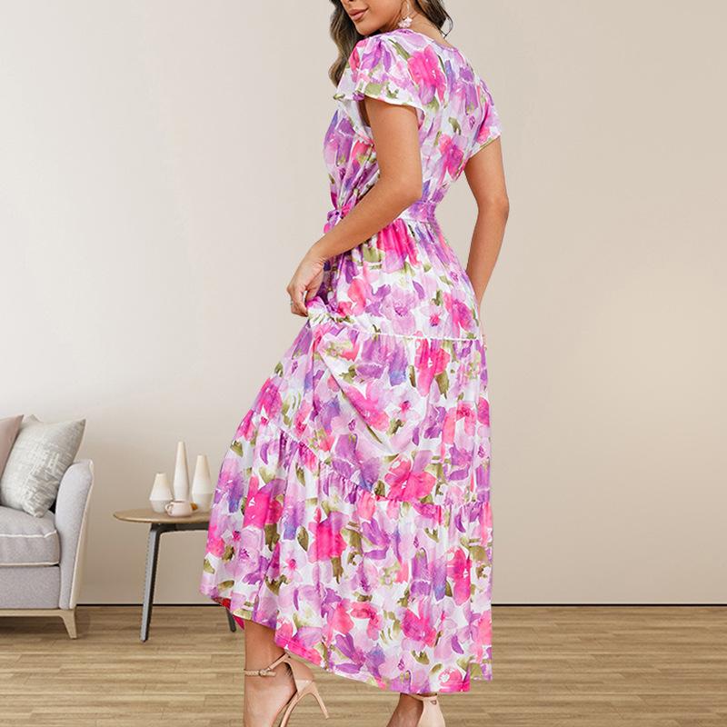 European and American women's clothing summer new fashion V-neck lotus leaf sleeve dress Bohemian print dress