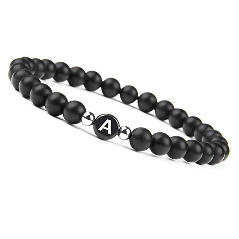 

Эластичный браслет из бусин чёрного агата с буквой английского алфавита на выбор Унисекс A