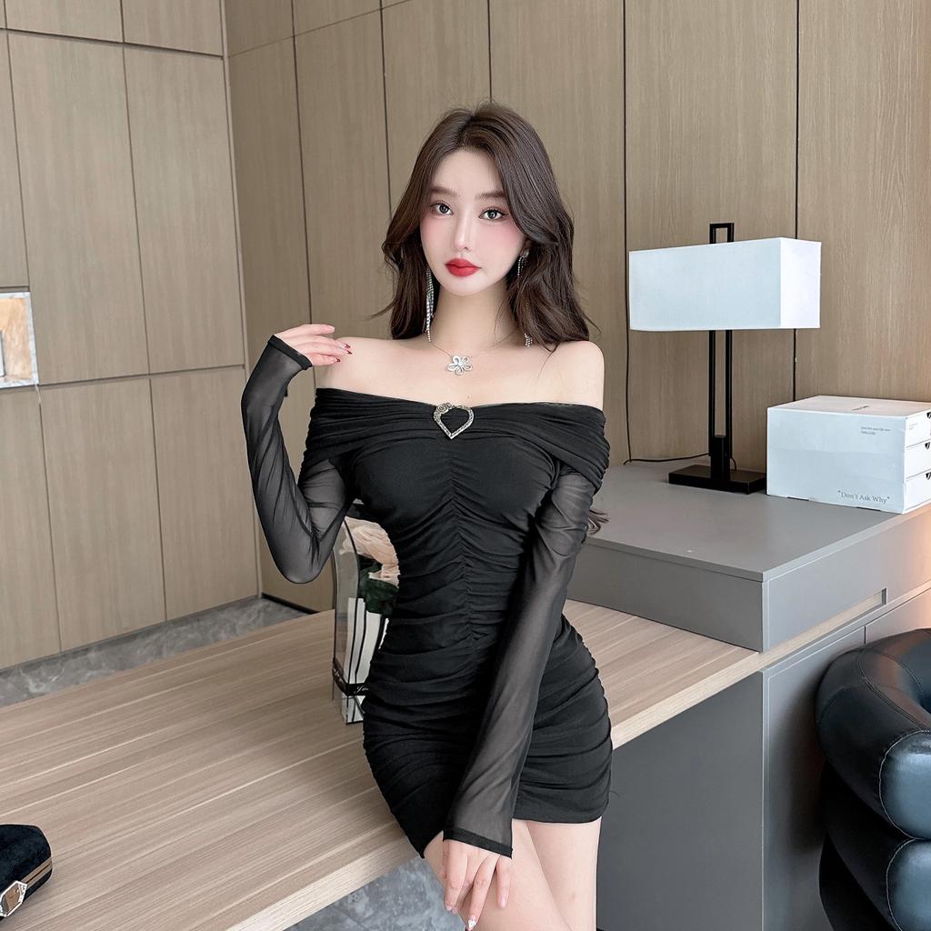 Pure desire sexy one-word shoulder mesh printing tube top dress female summer celebrity temperament pleated hip wrap skirt