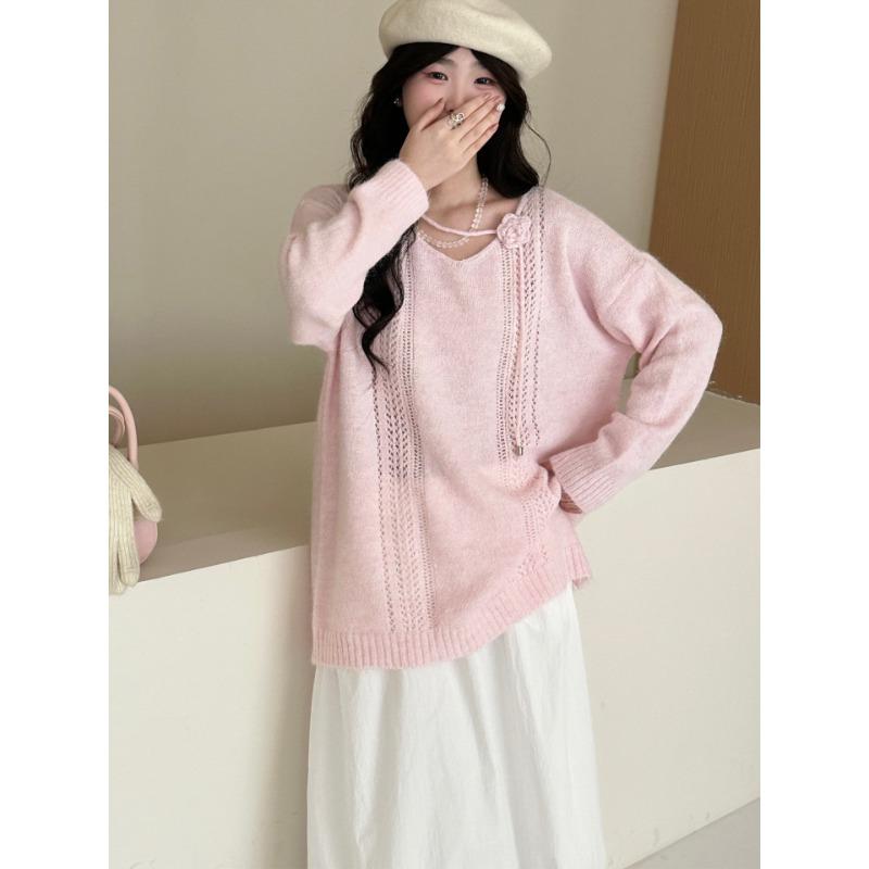 

Early autumn new thin three-dimensional flower knitted sweater top loose gentle wind sweater pullover woman one size fits all розовый