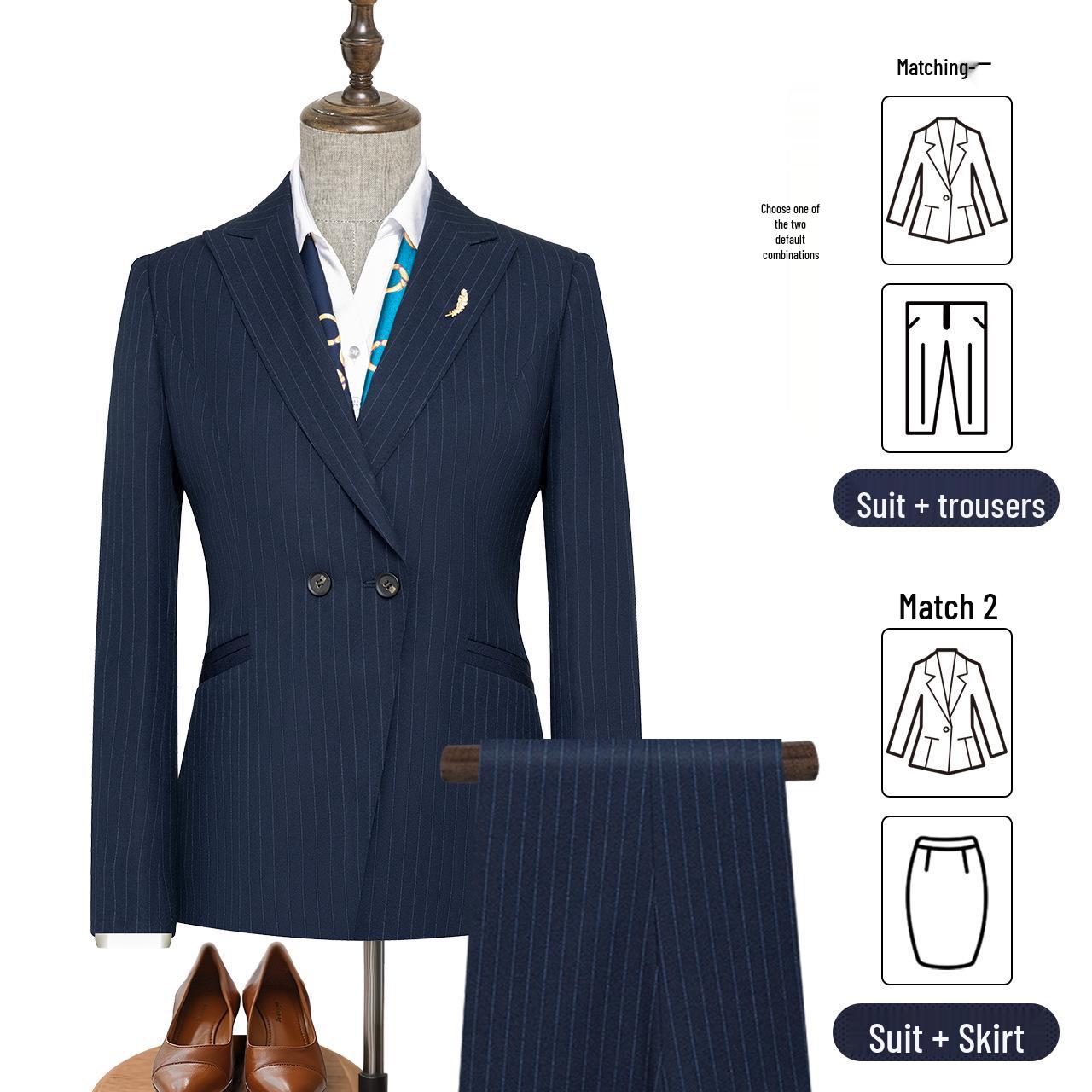 

«Унисекс, темно-синие полосатые костюмы, женские профессиональные юбочные костюмы, пиджаки с белыми воротничками для руководителей». 165/84