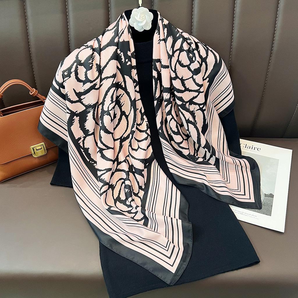 1116 Spring New Art Camellia Large Square Scarf Women's Summer Thin Versatile Silk Scarf Sunscreen Gift for Mom