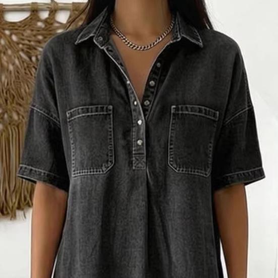 Robe chemise en jean pour femme Décontractée Manches courtes Boutonnée Jean Midi Robe Longue A-line Vintage avec Poches