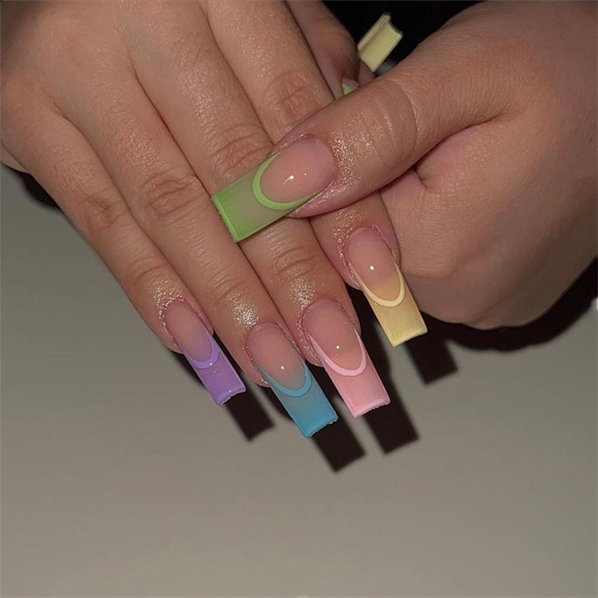 24Pcs Marble Gradient Gold Foil Long Coffin False Nails Full Cover Detachable Press On Nail Tips
