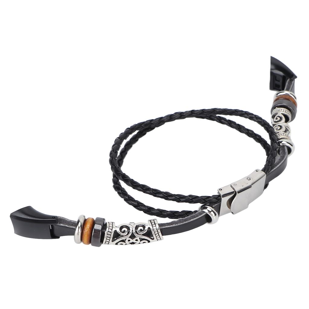 Retro Sports Watch Band Metal Beads Leather Wrist Watch Strap Replacement for Honor 5 4Black