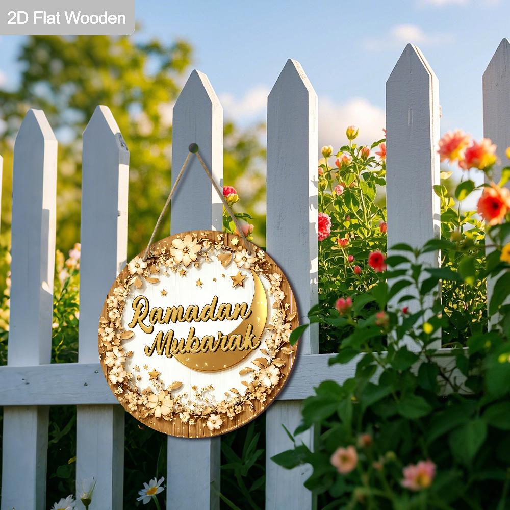 2D Flat 1pc Ramadan Mubarak Wooden Sign Hanging, Gold Petal Printed Art Decoration, Home Entryway Living Room Bedroom Balcony Garden Decor, Country