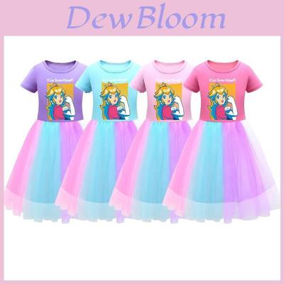 Super Mario Prinses Peach Regenboog Kant Meisjesjurk In Paars, Rood En Roze