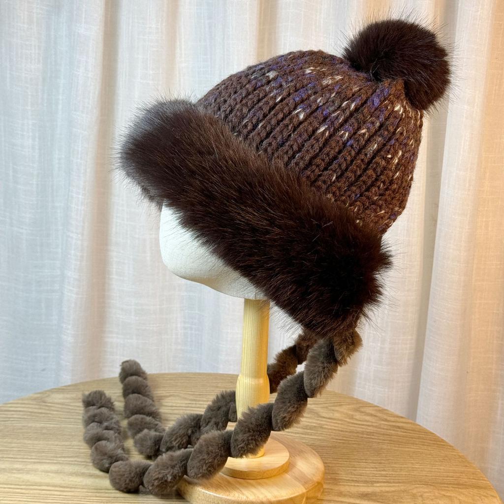 Japanese Sweet and Cute Fur Ball Strap Lei Feng Hat for Women Winter Plus Velvet Thickened Warm Knitted Ear Protection and Cold Protection Hat