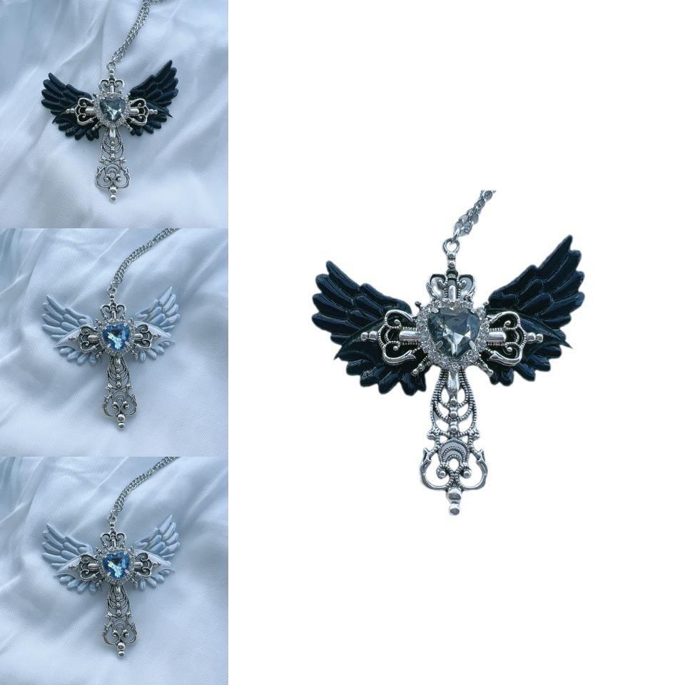 Y2k Gothic Style Unique Angel Cross Sweater Necklace Fashionable Alloy Jewelry For All