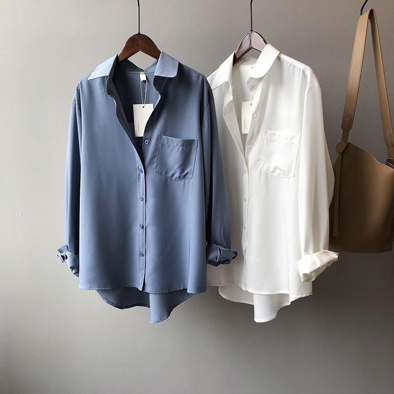 Women's Loose Gray-Blue Long-Sleeve Shirt - Niche Korean Hong Kong Style for Spring and Autumn