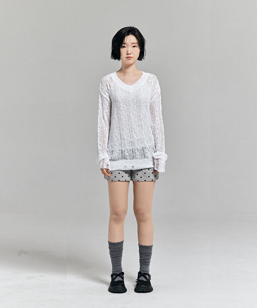 AWESOME STUDIO Distressed See-Through Long Sleeve Knit White