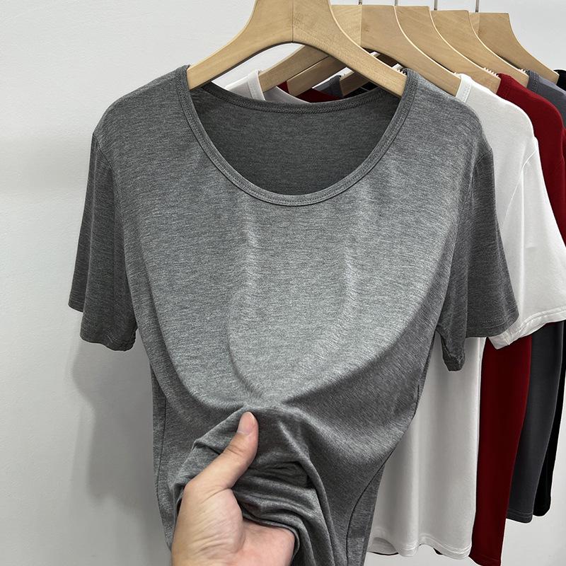 

Футболка большого размера для женщин с U-образным вырезом из модала - эластичная, свободного кроя, с коротким рукавом, летний топ M (for 80-100 jin)