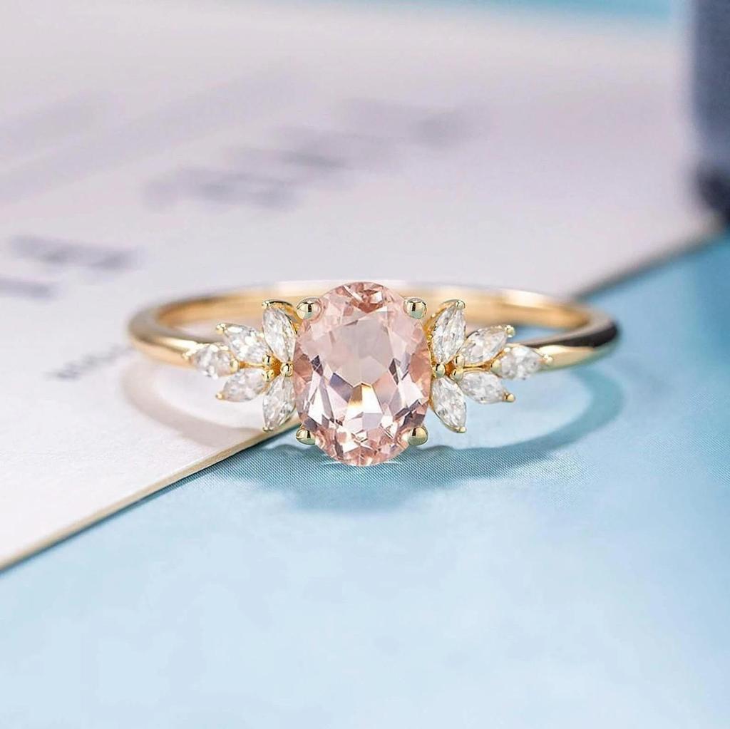 Vintage Oval Morganite Ring: 925 Sterling Silver Cubic Zirconia Promise Ring: Art Deco Cluster Bridal Jewelry Gift for her