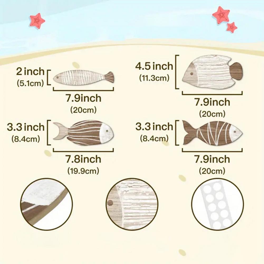 4Pcs/Set Wall Fish Decorations Coastal Wall Art Wooden Fish Retro Rustic Fish Wall Ornaments for Home Bedroom Beach House Decor