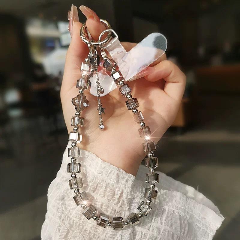Square Starburst Electroplated Alloy PVC Phone Charm Light-Luxury Crystal Beaded Phone Strap for Women Handbag Pendant Keychain