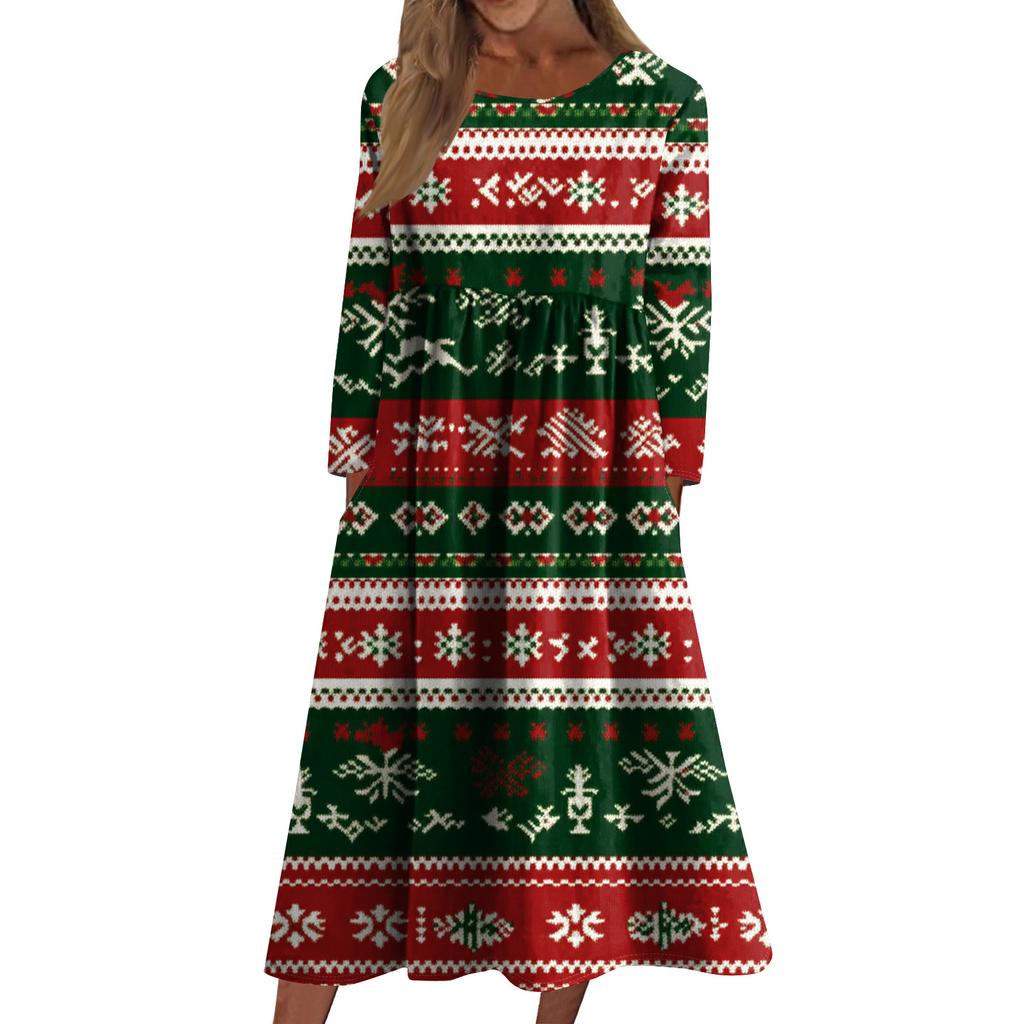 Damen Freizeitkleid mit Rundhalsausschnitt, Weihnachtsdruck, mittellang, langärmlig mit Tasche