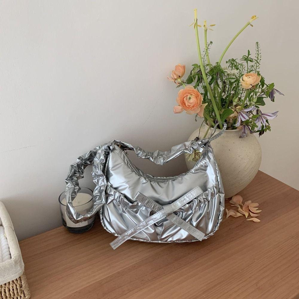 

Bow INS Shoulder Bag Korean Style Fashion Underarm Bag Elegant Pleated Hand Bag Girls серебряный