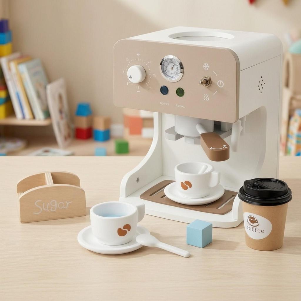 Wooden Coffee Machine Toy Long-Lasting with Accessories