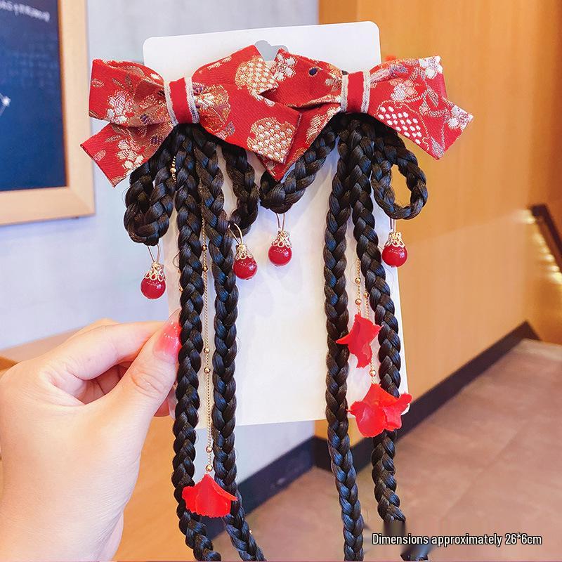 Children's Chinese Bow Braid Hair Clip & Hanfu Wig Headdress