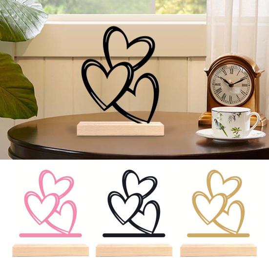 Metal Heart Sign 3 Love Hearts Sculpture with Wooden Base Romantic Mantel Tabletop Decor for Valentine's Day Anniversary Wedding